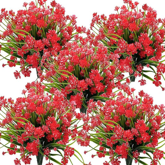 Artificial Flowers Outdoor UV Resistant Fake Plants Indoor Outside Hanging Planter Home Garden Decor, 10 Bundles (Red)