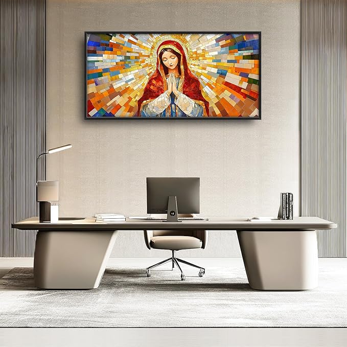 Virgin Mary Wall Art for Living Room, Our Lady of Guadalupe Canvas Wall Decor, Large Jesus Mother Pictures Framed Painting, Catholic Spiritual Artwork for Bedroom Office Home Decor 60L'' × 30W''