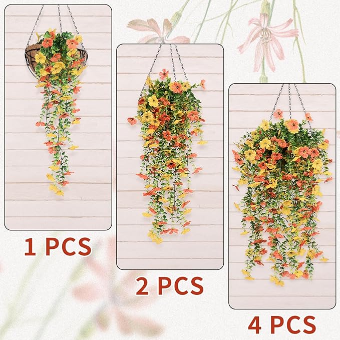 4 Pcs Artificial Hanging Flowers for Outdoor Decor, Fake Hanging Plants UV Resistant Realistic Yellow Orange Fake Hanging Flowers for Outside Garden Porch Spring Summer Decor