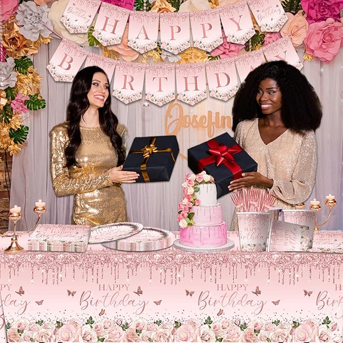 142Pcs Pink Rose Gold Birthday Party Supplies - Pink Birthday Party Tableware Disposable Dinner Plate,Tablecloth Rose Gold Theme Birthday Party Decoration for 50th 60th 70th 80th Women or Girls