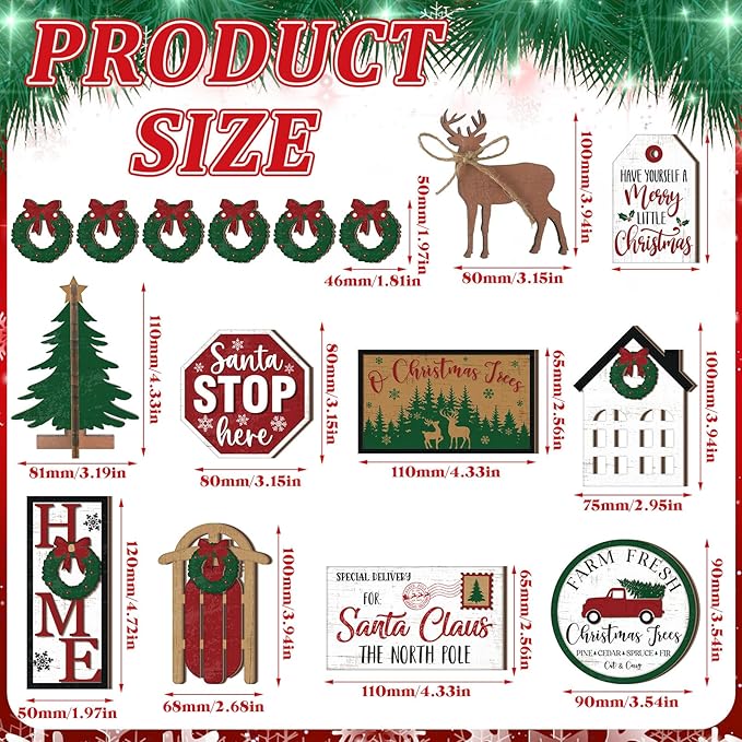 17 Pcs Christmas Tiered Tray Decor Set Winter Tiered Tray Decorations Farmhouse Tabletop Centerpiece Christmas Wooden 3D Sign for Xmas Home Buffalo Plaid Rustic Table Decoration(Fresh)