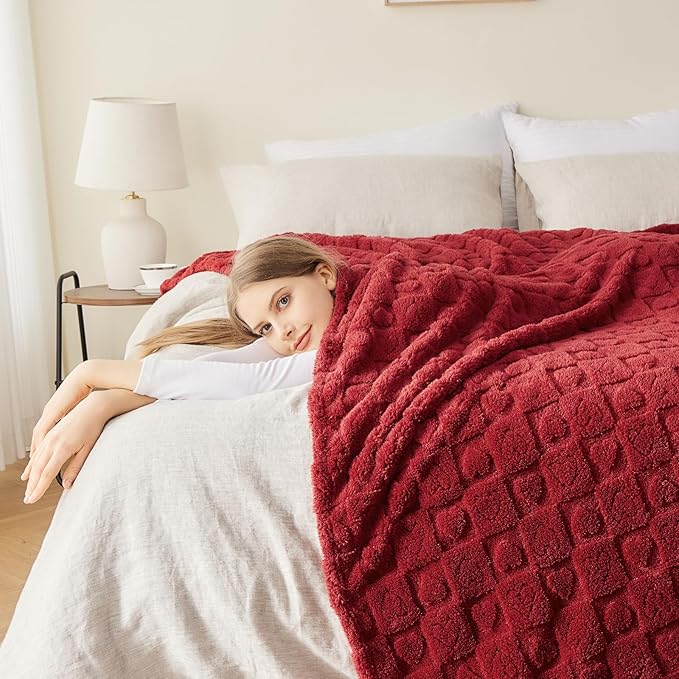 NEWCOSPLAY Super Soft Queen Blanket Red Premium Silky Flannel Fleece 3D Heart Checkered Lightweight Bed Blanket All Season Use (Red Heart, Queen(90"x90"))