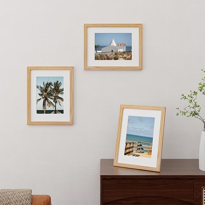 8.5x11 Picture Frame Set of 3, Solid Oak Wood & Tempered Glass, 8.5 x 11 Frame for Wall, Rustic Wood 8.5 by 11 Frames, 8.5x11 Frame with Mat for 6x8, Natural Oak Color