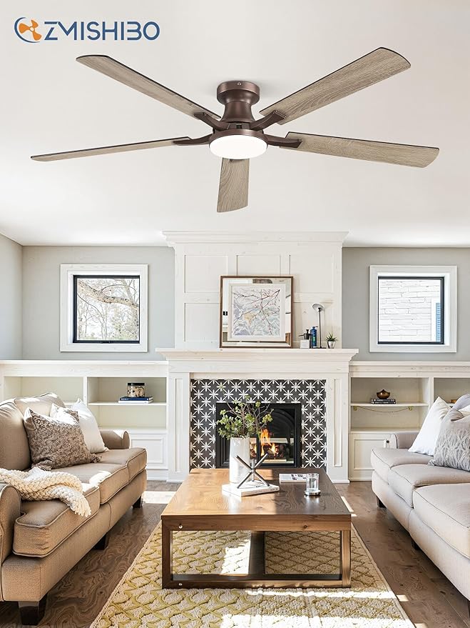 ZMISHIBO 60 Inch Ceiling Fan with Light, App&Remote Control, Flush Mount Low Profile, Dimmable 20W LED Light, Quiet Reversible Motor for Bedroom, Living Room, Apartment, Brown