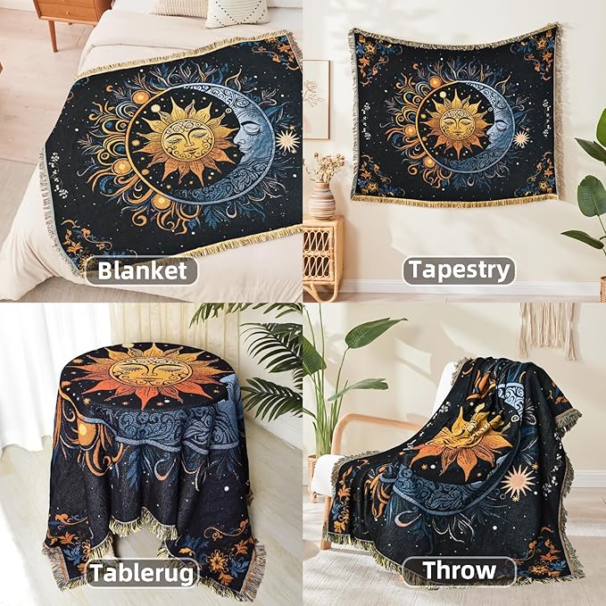 Boho Throw Blanket Reversible Cotton Bohemian Tapestry Hippie Room Decor Outdoor Blanket Double Sided (Black Sun Moon 50"x60")