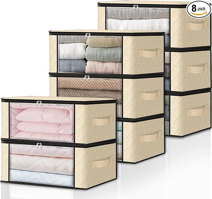 HomeHacks Storage 8-Pack Clothes Organizer Storage Bags Foldable Storage Box with Large Clear Window Sturdy Handles for Closet, Dorm, Pillows, Bedding, Clothes, Blankets, 35L, Beige