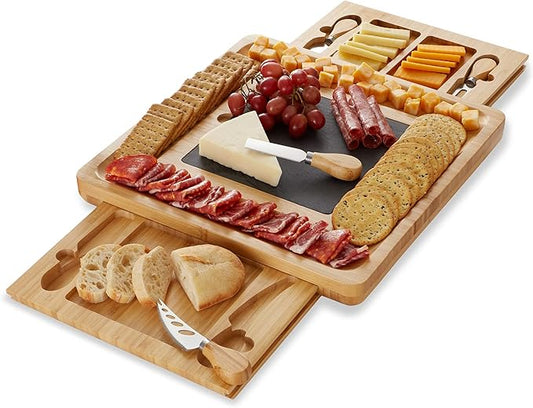 Casafield Charcuterie Board Gift Set, Bamboo Cheese Board with Slate Cheese Plate and Knives, Wooden Serving Platter for Housewarming, Wedding, Birthday