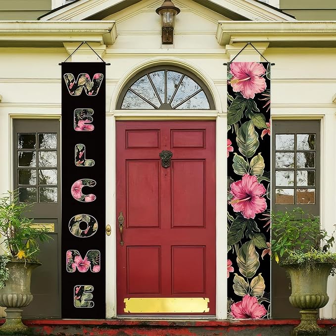 2pcs Welcome Summer Door Banner Hawaiian Porch Banners Sign Floral Summer Hibiscus Front Door Hanging Decor Banner for Seasonal Home Hawaii Tropical Party Outdoor Decorations