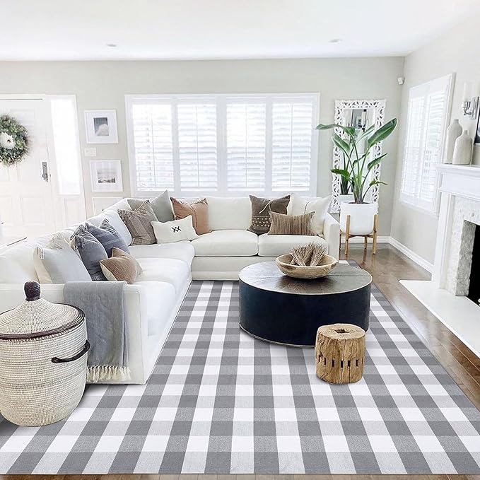 KOZYFLY Buffalo Plaid Area Rug 8 x 10 Ft Gray and White Checkered Rug Washable Outdoor Patio Rugs Cotton Rugs for Living Room Carpet for Dining Room Bedroom Farmhouse Rug