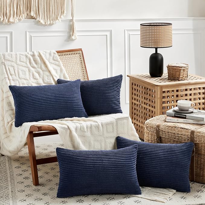 Fancy Homi 4 Packs Navy Blue Lumbar Decorative Throw Pillow Covers 12x20 Inch for Living Room Couch, Rustic Farmhouse Boho Home Decor, Soft Striped Corduroy Rectangle Accent Cushion Case 30x50 cm