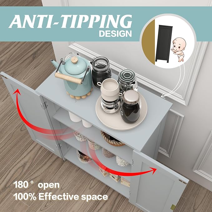 TaoHFE Grey Freestanding Bathroom Cabinet, 2 Doors, Towel Cabinet, Small Storage for Office, Restaurant, Living Room