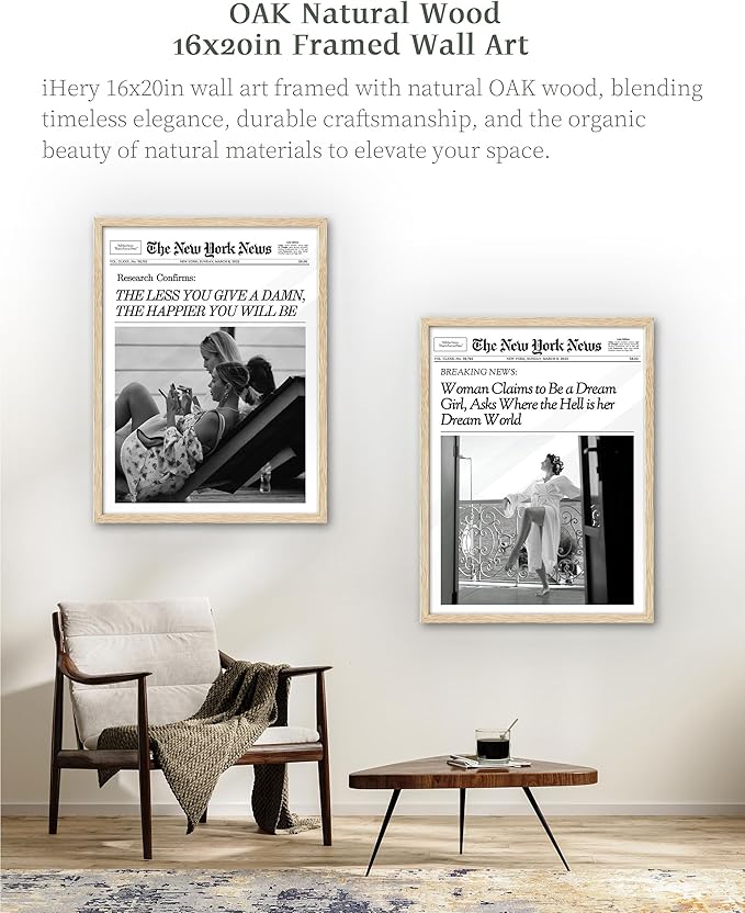 iHery Natural OAK Wood Newspaper Trendy Framed Wall Art, Large 16x20 in Vintage Headline Canvas Wall Art, Beige Retro Bedroom Decor, Woman Claims to Be a Dream Girl, Living Room Apartment Set of 1