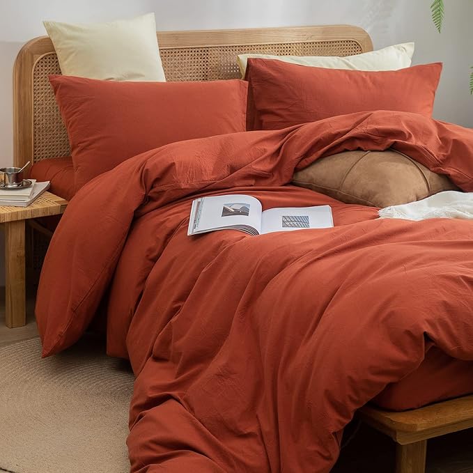 BESTOUCH Duvet Cover Set 100% Washed Cotton Linen Feel Super Soft Comfortable Chic Lightweight 3 PCs Home Bedding Set Solid Burnt Brick Red Cal King