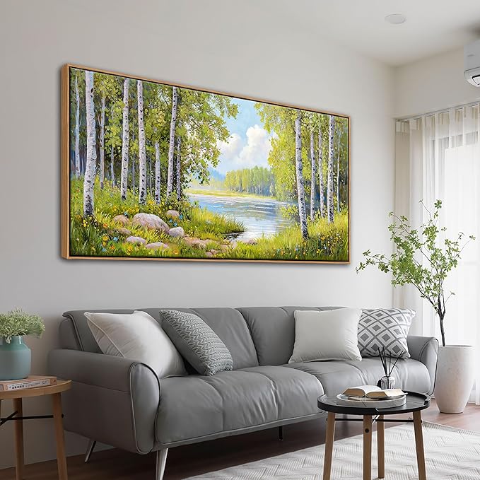 Forest & Mountain Wall Art Green Framed Nature Landscape Pictures for Living Room, Bedroom & Office Large Paintings Wall Decor Tree, Lake, and Mountain Artwork for Wall Decor 24x48IN