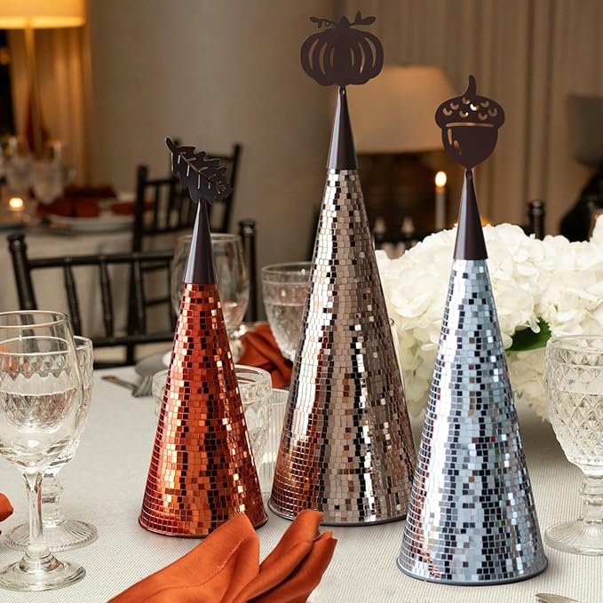 WDHODEC Fall Table Decor Tree 3PCS, Handmade Fall Halloween Table Centerpiece Decorations, Tabletop Disco Ball Tree for Autumn Party, Wedding, Indoor Outdoor Thanksgiving Decor Orange Brown Silver