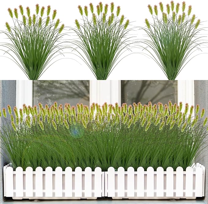 Artificial Grass Plants Outdoor 24 Bunches Fake Onion Grasses with Plush Fake Shrubs Plant Flowers Faux Greenery Wheat Sea Grass for Outside Garden Indoor House Home Office Room Décor (Green & Red）