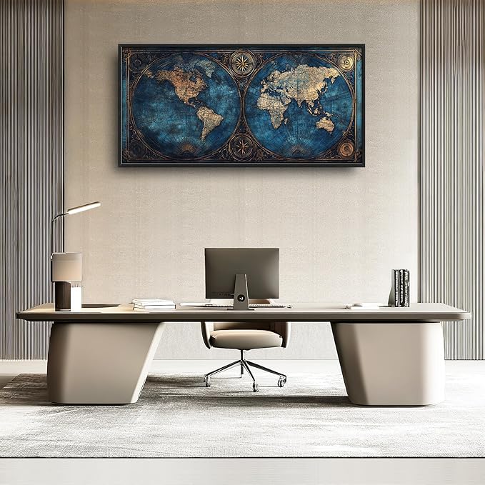 World Map Framed Wall Art for Living Room, Large Map of The World Canvas Wall Decor, Vintage Maps Pictures Painting, Modern Artwork for Office Bathroom Bedroom 60L'' × 30W''