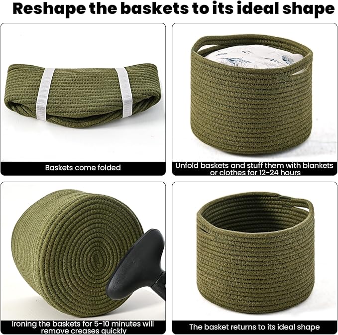 Small Storage Baskets for Organizing, Organizer Baskets for Shelves, Green Woven Basket for Storage Decor, Small Decorative Cotton Rope Basket, 9.7"×9.7"×7" (3 Packs) Green