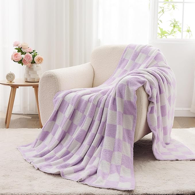 JOOJA Soft Cozy Checkerboard Lilac Blanket - Fluffy Knit Throw Blanket for Couch - Plaid Checkered - 60x80 in