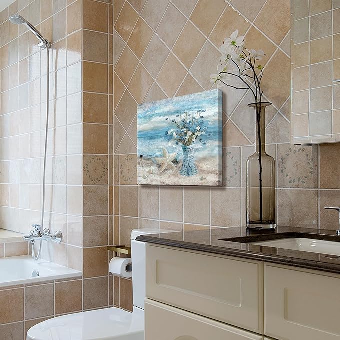 Bathroom Decor Wall Art Blue Beach Picture Ocean Theme Flower Canvas Print Modern Coastal Seascape Painting Framed Seaside Artwork Floral Daisy in Indian Vase for Home Sea Lake Bedroom 14x14inch