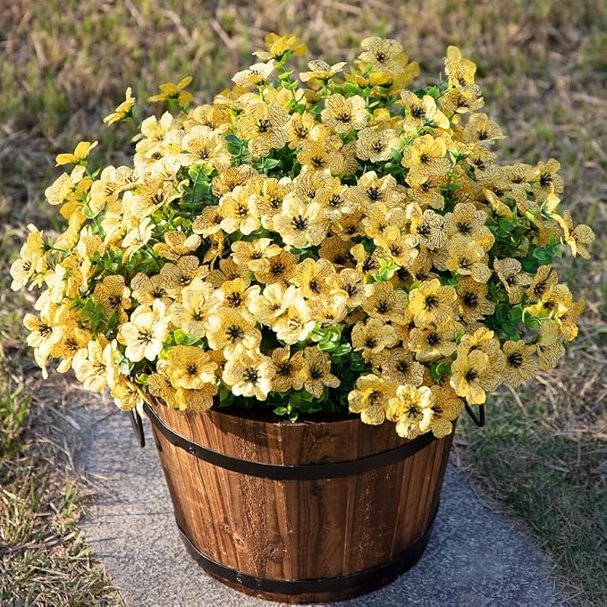 Artificial Fall Flowers Faux Mums for Outdoor Indoor Garden Home Decoration, Faux Flower Daisy with Eucalyptus Leaves Fake Plants Greenery Boxwood Porch Patio, 12 Bundles (Yellow)