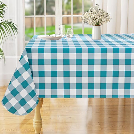 misaya Rectangle Waterproof Vinyl Table Cloth, Buffalo Flannel Backed Tablecloth, Wipeable Plastic Table Cover for Dinner, Kitchen, Outdoor (60" x 84", Turquoise and White)