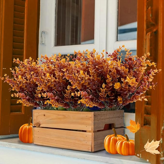 20 Bundles Artificial Fall Flowers for Outdoors Fall Decorations - UV Resistant Fake Mums Faux Plant Plastic Flowers Gardens Porch Fireplace Home Indoor Autumn Thanksgiving Decor(Brown Eucalyptus)