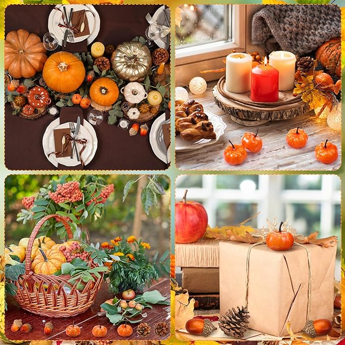 Yookeer 120pcs Mini Pumpkins Acorns Pine Cones Fall Decoration Thanksgiving Artificial Small Pumpkins Fake Props Bulk Rustic Vase Filler for Autumn Harvest DIY Craft Table Centerpiece (Classic Color)