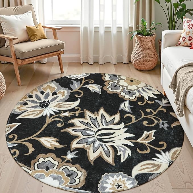 Lahome Floral Black Round Rug - 4Ft Washable Non-Slip Small Round Area Rug Throw Soft Stain Resistant Sofa Living Room Rugs, Paisley Print Accent Distressed Round Carpet for Bedroom Entryway Kitchen