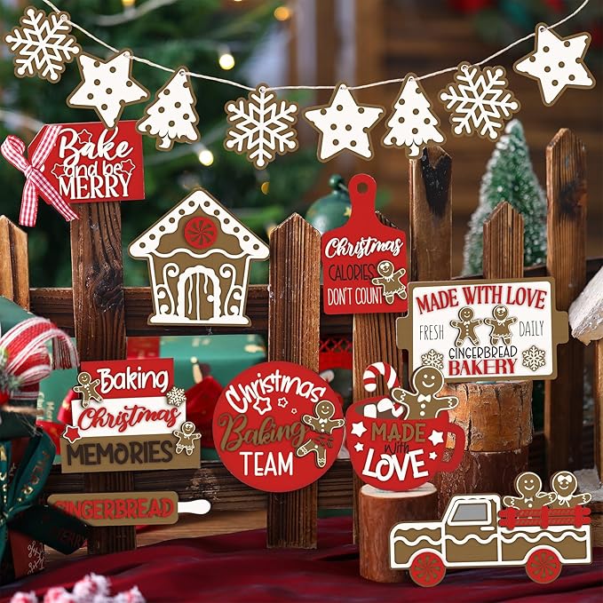 17 Pcs Christmas Tiered Tray Decor Set Winter Tiered Tray Decorations Farmhouse Tabletop Centerpiece Christmas Wooden 3D Sign for Xmas Home Buffalo Plaid Rustic Table Decoration(Bright)