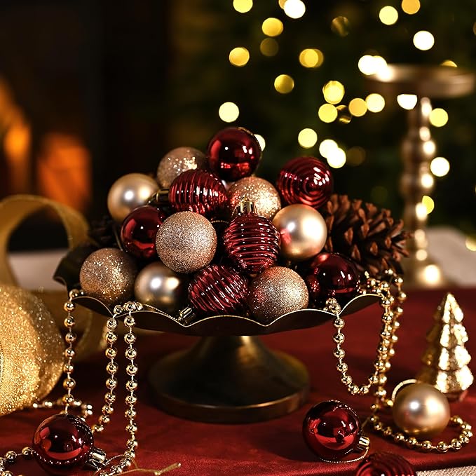 Valery Madelyn 1.57 Inches Small Christmas Tree Decorations Ornament Set for 4th of July Fall Halloween, 24ct Burgundy Red and Gold Shatterproof Hanging Ball Ornaments Holiday Party Decor