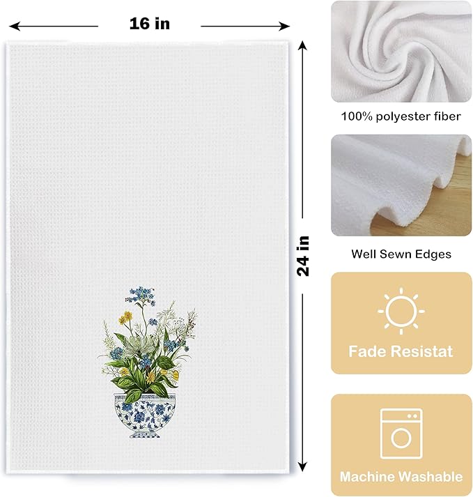 Chinoiserie Floral Kitchen Towels Set of 2 - Retro Flower Chinoiserie Dish Towels for Kitchen, Chinoiserie Kitchen Hand Towels, Chinoiserie Waffle Weave Tea Towels Decorative Set 16 X 24 Inch