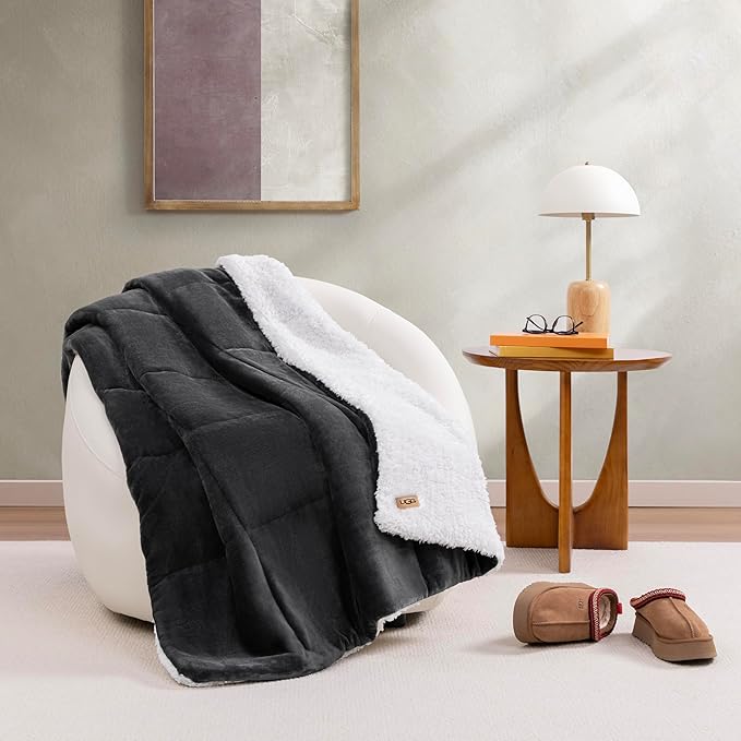 UGG Nita Throw Blanket Soft Reversible Plush Throw for Couch or Bed Washable Warm Fluffy Blanket for College Dorm Essentials and Bedding with Down Alternative Fill, 50-inch x 70-inch, Charcoal Grey