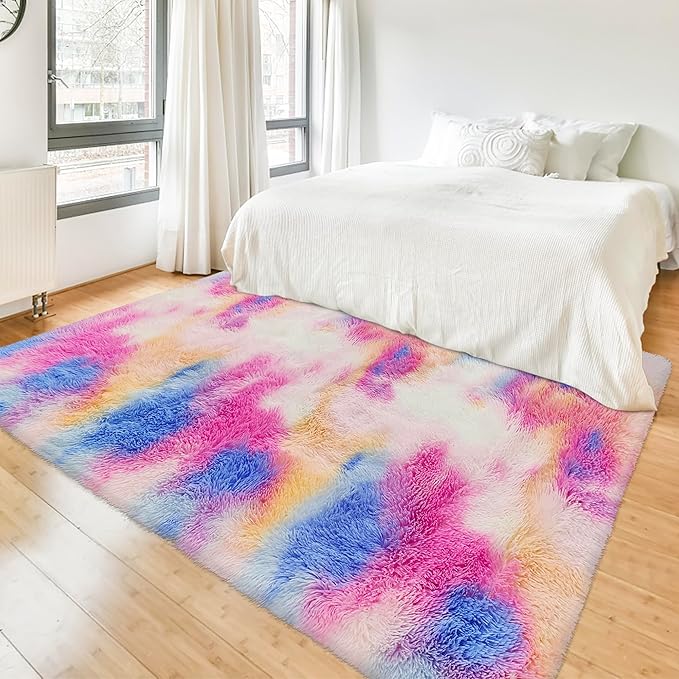 Fluffy Colorful Rug for Bedroom Girls 4x6 Kawaii Rainbow Tie Dye Area Rug Fuzzy Indoor Floor Unicorn Rug for Living Room Kids Nursery Baby Princess Room Dorm Home Decor Aesthetic Carpets