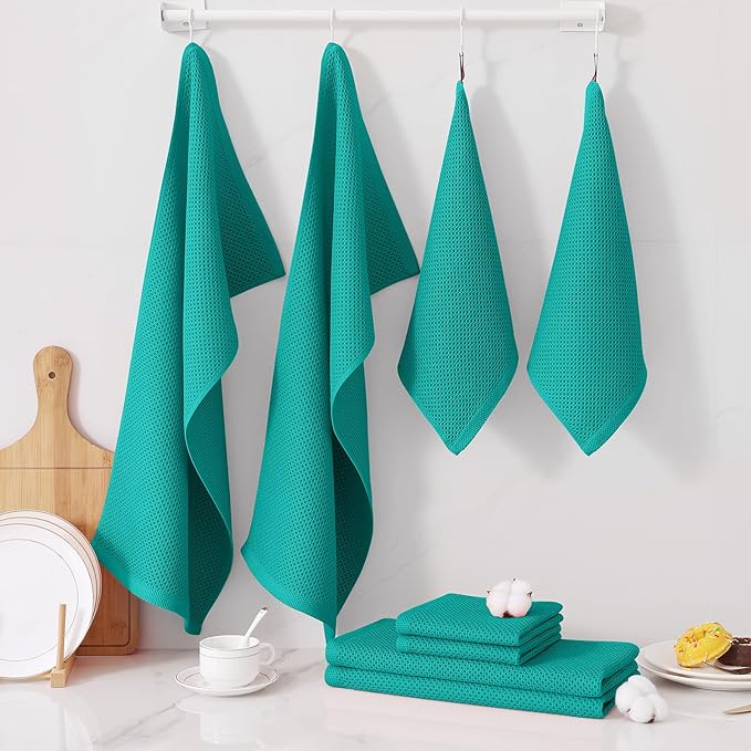 Homaxy 100% Cotton Kitchen Towels and Dishcloths Set, 12 x 12 Inches and 13 x 28 Inches, Set of 12 Bulk Kitchen Towels Set, Ultra Soft Absorbent Dish Cloths for Washing Dishes, Teal