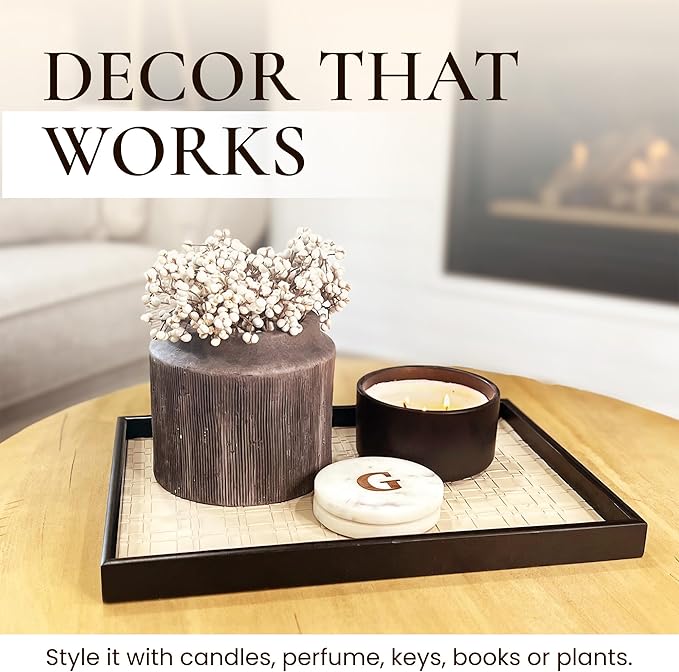 Solvane Wooden Serving Tray in Black – 15x11in Rectangular Ottoman & Coffee Table Tray, Decorative Wood Tray with PU Leather Base for Living Room, Kitchen, Bathroom & Vanity