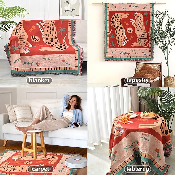 Boho Throw Blanket Reversible Cotton Bohemian Tapestry Hippie Room Decor Outdoor Blanket Double Sided (Boho Leopard 50"x60")