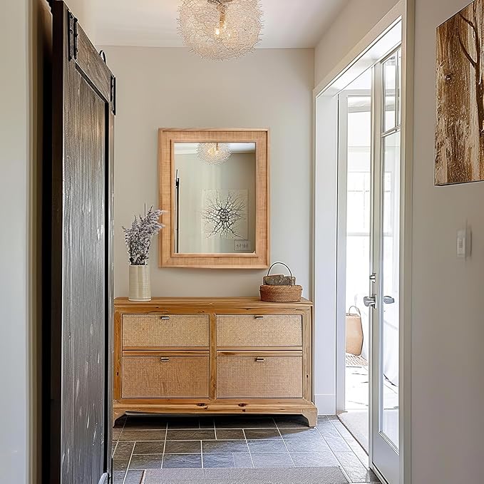 Rattan Wall Mounted Mirror 24"x32" Wood Framed Farmhouse Hanging Bathroom Mirror Decorative Rectangle Wall Mirror Leaning Against for Bedroom Living Room