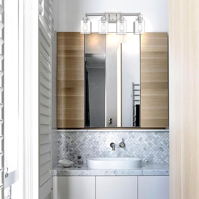 Brushed Nickel 4-Light Bathroom Light Fixture Over Mirror Sink, 4-Light Bathroom Vanity Lights Brushed Nickel Vanity Wall Sconce for Mirror