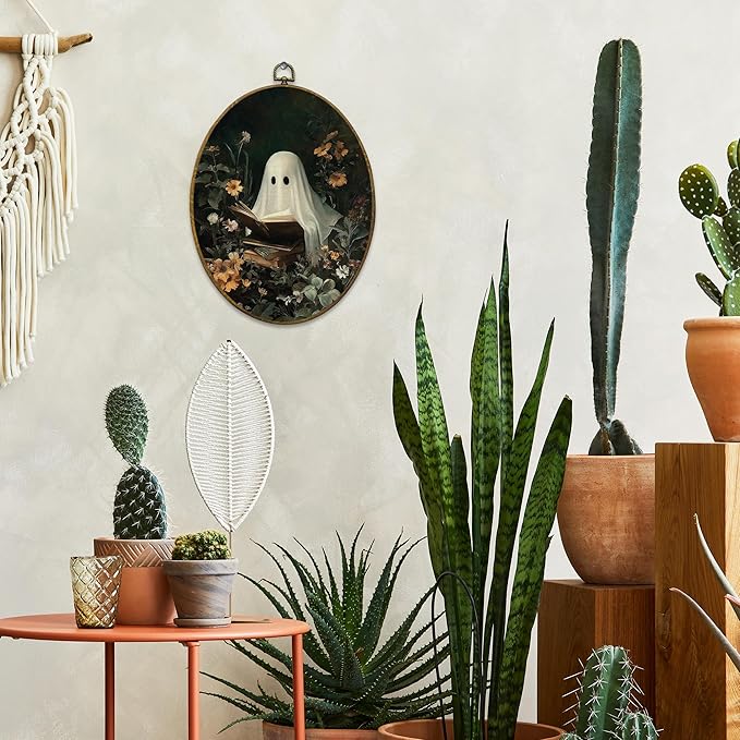 Mcehtle Moody Ghosts Botanic Wall Art Decor, Halloween Cottagecore Dark Academia Framed Canvas Prints 8.6x11.4, Ghost Reading Round Wall Hanging Artwork Decorations for Bedroom Gallery