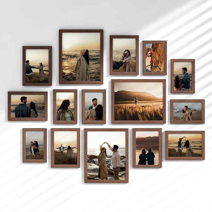 15 Pack Picture Frames Collage Wall Decor, Gallery Frame Set for Wall Mounting or Tabletop Display, Multi Sizes Including 3pcs 8x10, 6pcs 5x7, 6pcs 4x6, Walnut