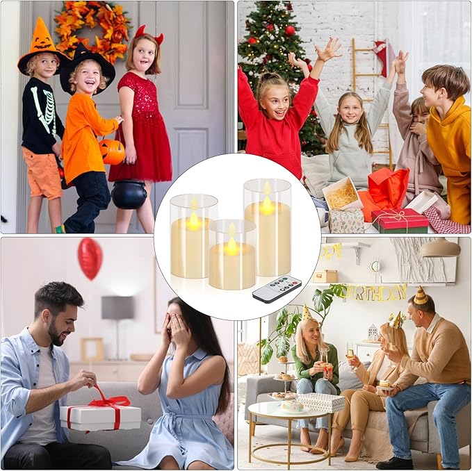 Flameless Candles 4" 5" 6" Set of 3 Acrylic Glass Pillars 3" Diameter Battery Operated Flickering Candles Include Remote with Timer for Home Decor Wedding Festival Cafe Restaurant Decor