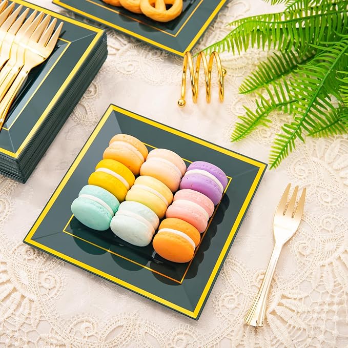 WDF 200PCS Green and Gold Plastic Dessert Plates with Plastic Forks -6’’ 100 Square Disposable Appetizer Plates Small Plates Cake Plates with Gold&100 Green Small Appetizer Forks for St. Patrick’s Day