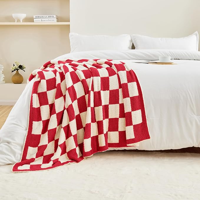 CozeCube Checkered Blanket, Ultra Soft Cozy Christmas Red and White Throw Blanket, Warm Cozy Knit Fuzzy Plush Checkerboard Throw for Couch Bed Sofa, 50"x60"