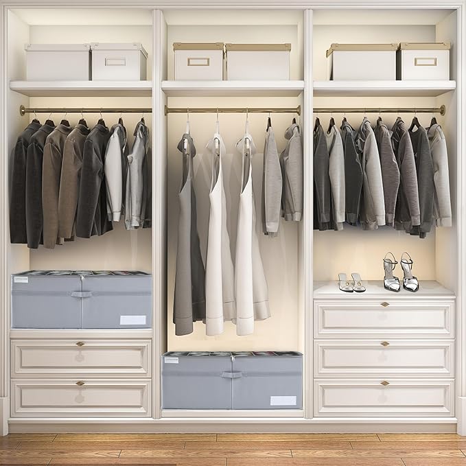 LUVHOMEE Shoe Organizer for Closet, Fits 24 Pairs, Large Shoe Box Storage Containers, Clear Foldable Shoe Storage Bins w/Bottom Support, Space Saving Closet Shoes Holder w/Reinforced Handles, Gray