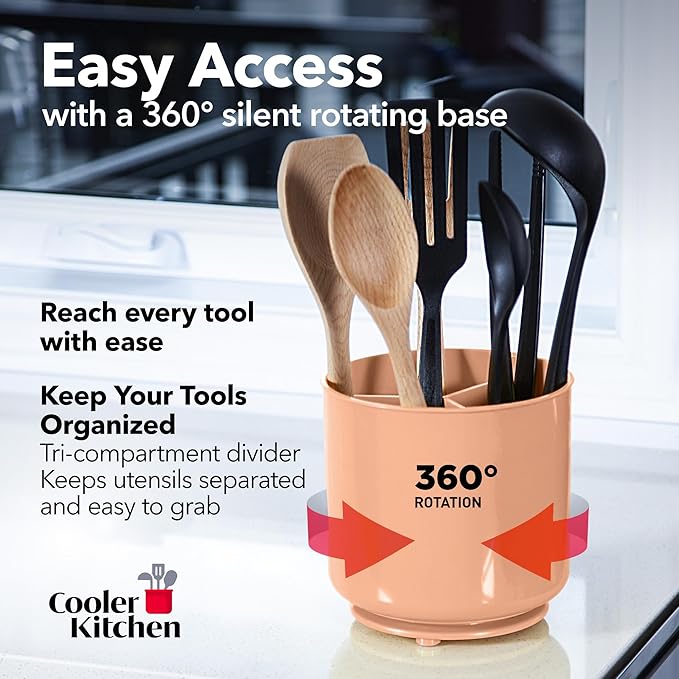 Rotating Extra Large Peach Plastic Utensil Holder Caddy with Sturdy No-Tip Weighted Base, Removable Divider, and Gripped Insert - Dishwasher Safe Kitchen Utensil Holder for Countertop