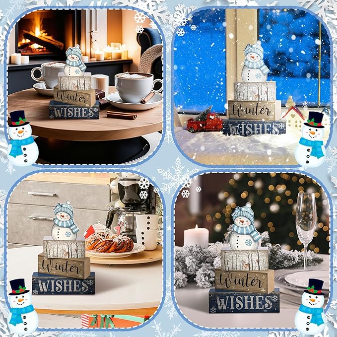 4 Pcs Christmas Snowman Decor Snowman Tiered Tray Decor Wooden Rustic Winter Block Sign Christmas Farmhouse Tabletop Centerpiece for Home Tabletop Kitchen Shelf Party Gift