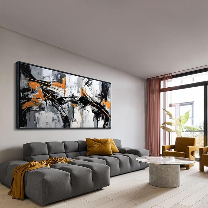 Framed Large Abstract Canvas Wall Art Modern Wall Art for Living Room - Canvas Wall Decor for Office and Home - Framed Artwork for Walls Black, White, Gray and Unique Orange Accents 29×58in