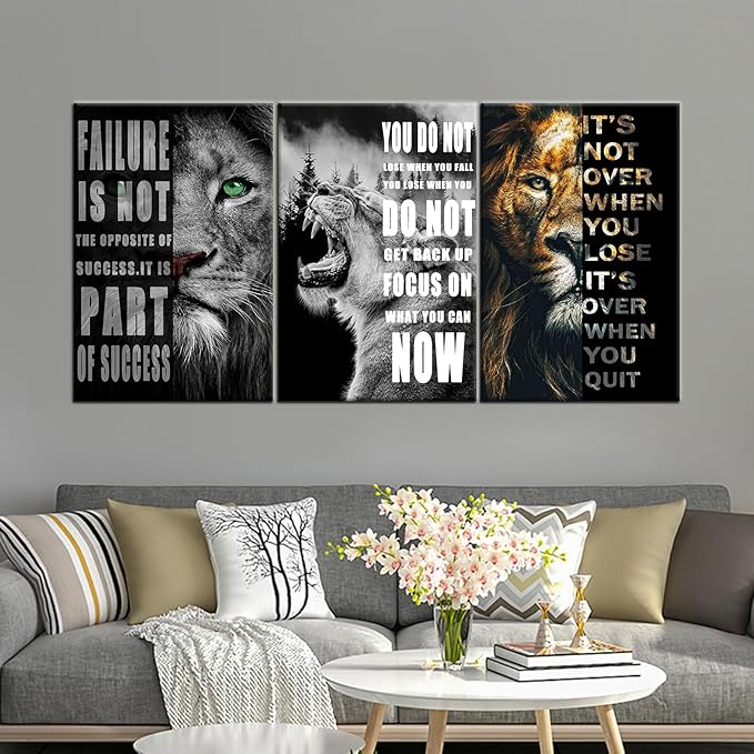 3 Panels Motivational Lion Canvas Print Wall Art Inspirational Quote Picture Animal Poster Painting Modern Inspiring Artwork Decor for Living Room Office Home Decor Wooden Framed [72''Wx 36''H]