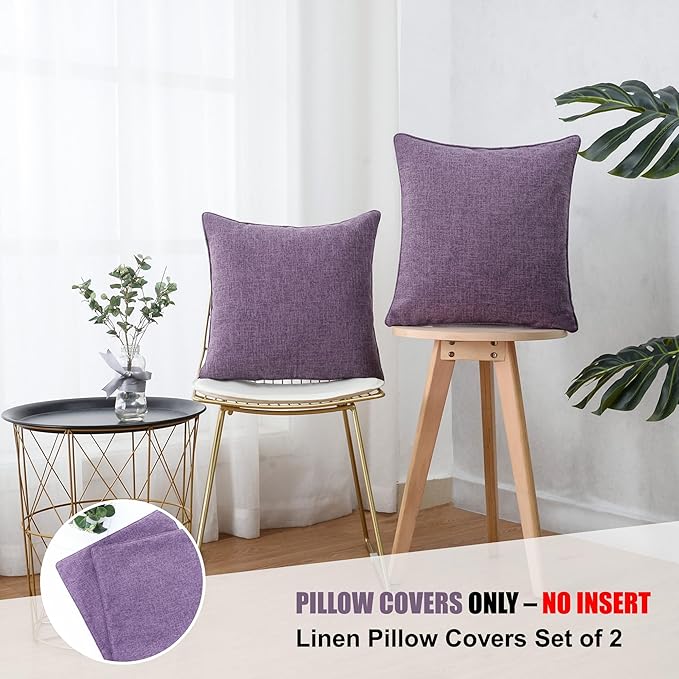 HPUK Linen Throw Pillow Covers Pack of 2, 18x18 Inch Accent Cushion Covers for Living Room, Bedroom, Decorative Solid Color Pillow Covers for Couch, Sofa, Chair, Lavender Mist
